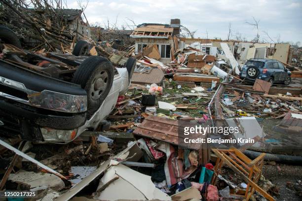 The damaged remains of the Walnut Ridge neighborhood is seen on March 31, 2023 in Little Rock, Arkansas. Tornados damaged hundreds of homes and...