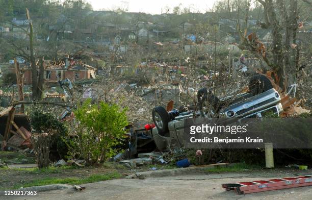 Homes damaged by a tornado are seen on March 31, 2023 in Little Rock, Arkansas. Tornados damaged hundreds of homes and buildings Friday afternoon...