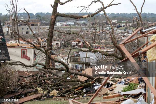 The damaged remains of the Walnut Ridge neighborhood is seen on March 31, 2023 in Little Rock, Arkansas. Tornados damaged hundreds of homes and...