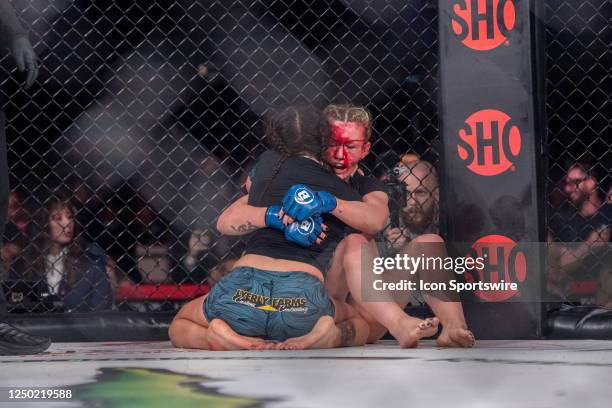 Cat Zingano and Leah McCourt celebrates teh end of the their Featherweight fight during the Bellator 293 event on March 31 at Pechanga Resort and...