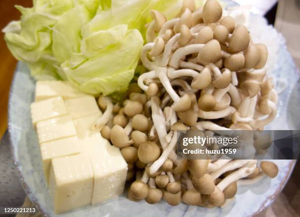 preparation dish of hot pot with tofu, cabbage and shimeji mushroom - shimeji mushroom - fotografias e filmes do acervo