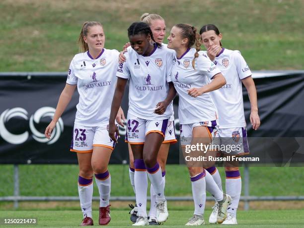 Gabriella Coleman of the Glory celebrates a goal during the round 20 A-League Women's match between Brisbane Roar and Perth Glory at Perry Park, on...