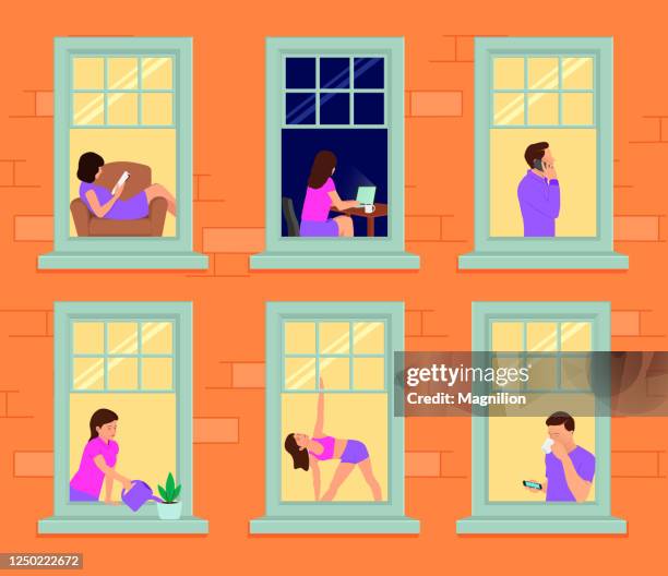 ilustraciones, imágenes clip art, dibujos animados e iconos de stock de fachada de una casa con ventanas y personas en ellas. hombre y mujer en las ventanas - neighbor