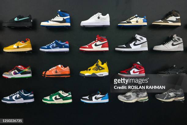 Nike sneakers are displayed for sale at the Sneaker Con Southeast Asia show in Singapore on April 1, 2023.
