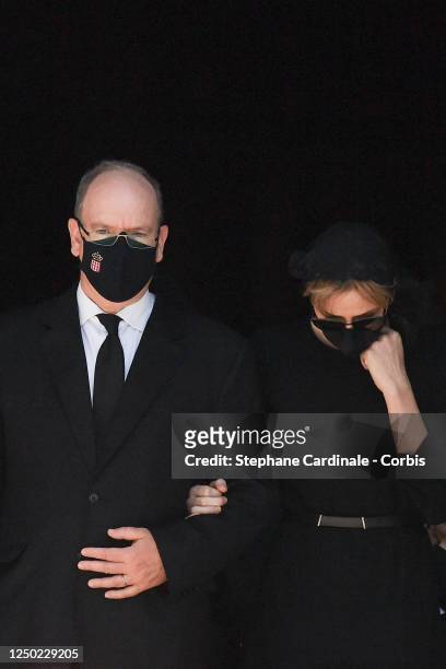 Prince Albert II of Monaco and Princess Charlene of Monaco attend Elizabeth-Ann De Massy's Funerals at the Monaco Cathedral on June 17, 2020 in...