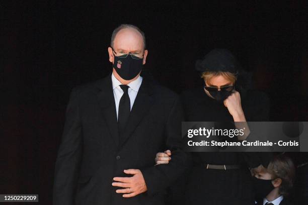 Prince Albert II of Monaco and Princess Charlene of Monaco attend Elizabeth-Ann De Massy's Funerals at the Monaco Cathedral on June 17, 2020 in...