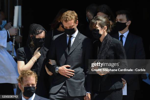 Andrea Casiraghi, Princess Alexandra of Hanover, Pierre Casiraghi, Charlotte Casiraghi and Louis Ducruet leave the Monaco Cathedral after...