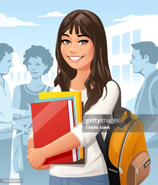 ilustraciones, imágenes clip art, dibujos animados e iconos de stock de estudiante femenina con mochila en el campus - mujeres jóvenes