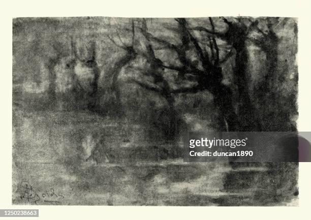 study of trees by aline szold, abstract haunted landscape - bare tree stock illustrations