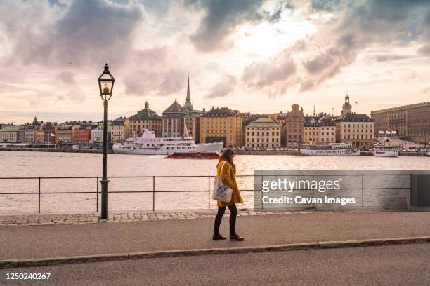 lady walking by lake maklaren with gamla stan on the background - stoccolma ストックフォトと画像