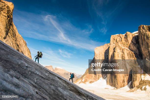 backpackers hiking up glacier, ascending mount asgard, baffin island. - nunavut foto e immagini stock