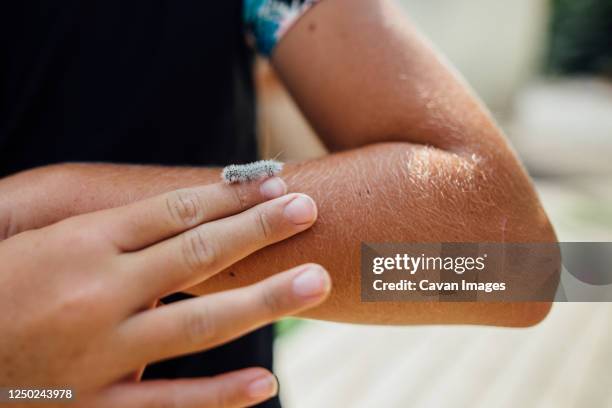 tiny white and furry caterpillar crawling on girls finger - hairy stock pictures, royalty-free photos & images