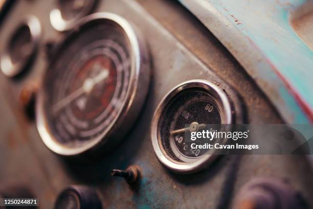 old tractor dashboard. temperature scale closeup. - a picture of a barometer stock pictures, royalty-free photos & images