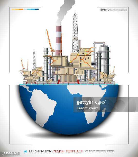 ilustrações, clipart, desenhos animados e ícones de fábrica mundial do globo, plataformas de petróleo e bombeamento de petróleo - petrochemical plant