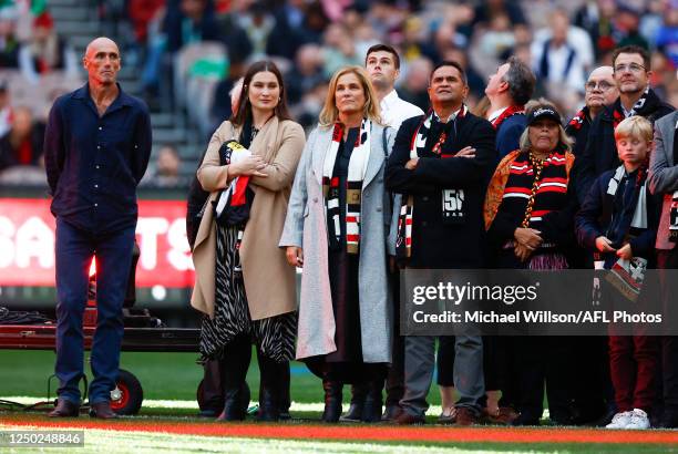 Tony Lockett, Nicky Winmar and Anita Frawley are seen during the 2023 AFL Round 03 match between the St Kilda Saints and the Essendon Bombers at the...