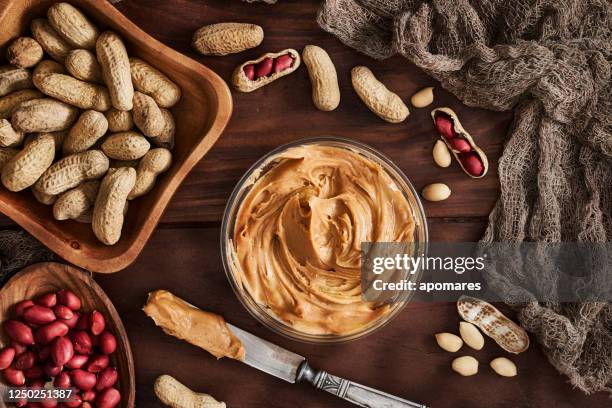 toast with peanut butter on vintage table set in rustic kitchen - peanut butter toast stock pictures, royalty-free photos & images