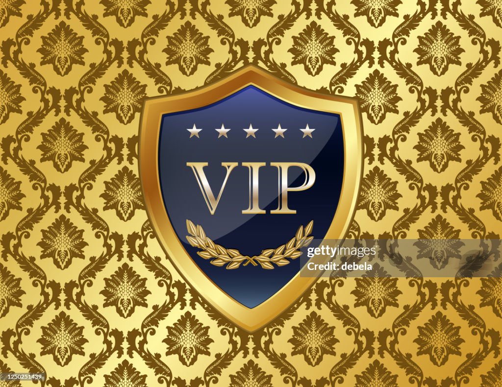 Vip Sheld Vip Gold Shield On Luxury Damask Background High-Res Vector Graphic ...
