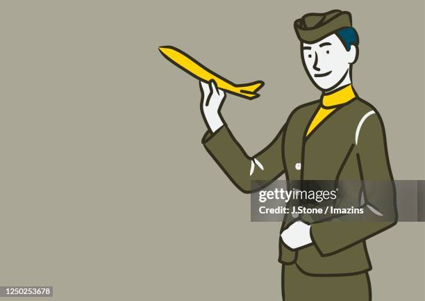 cabin crew holding a miniature plane - model airplane stock illustrations