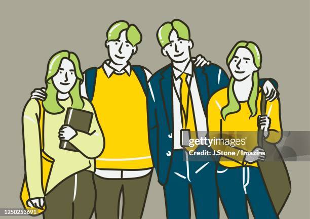 friends meeting a friend getting a job - klassentreffen stock-grafiken, -clipart, -cartoons und -symbole