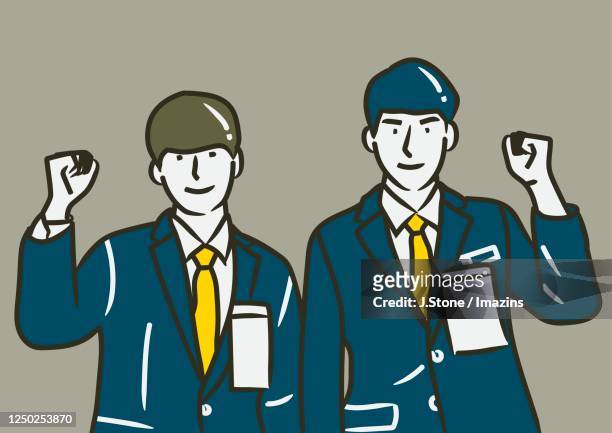 ilustraciones, imágenes clip art, dibujos animados e iconos de stock de job applicants cheering before going into interview - job interview