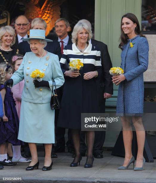 Queen Elizabeth II, Camilla, Duchess of Cornwall, Catherine, Duchess of Cambridge, and Mayor of London Boris Johnson during the unveiling of a plaque...