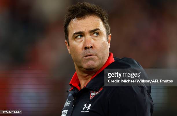 Brad Scott, Senior Coach of the Bombers looks on during the 2023 AFL Round 03 match between the St Kilda Saints and the Essendon Bombers at the...