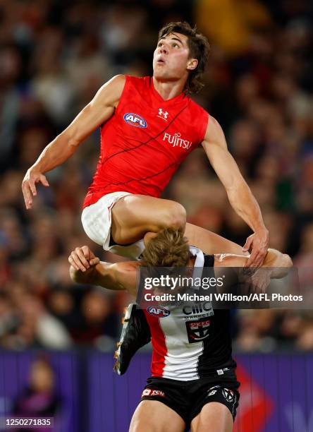Sam Durham of the Bombers attempts a high mark over Mason Wood of the Saints during the 2023 AFL Round 03 match between the St Kilda Saints and the...