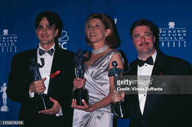 Actors Hank Azaria, Christine Baranski and Nathan Lane holding their awards for "Outstanding Performance by a Cast in a Motion Picture" at the 3rd...