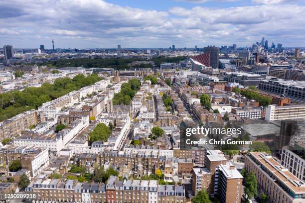 An aerial view by drone looking towards Eaton Square Gardens in London's Belgravia looking East towards Buckingham Palace on May 14,2020 in...