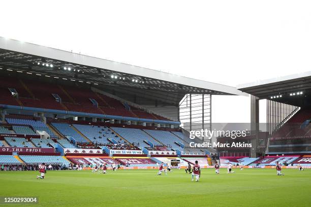 General view inside the empty stadium as Aston Villa and Sheffield United players, along with the match officials 'Take a Knee' in support of the...