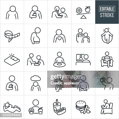 Adipositas dünne Linie Icons - editierbare Schlaganfall Adipositas dünne Linie Icons - editierbare Schlaganfall