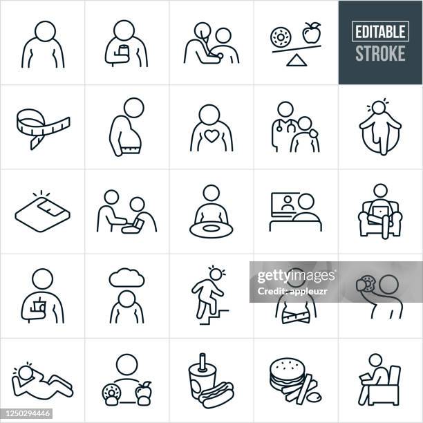 stockillustraties, clipart, cartoons en iconen met obesitas thin line icons - bewerkbare beroerte - uitgeput