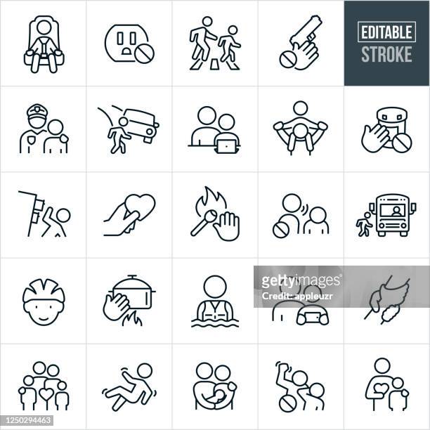 illustrazioni stock, clip art, cartoni animati e icone di tendenza di icone della linea sottile per la sicurezza dei bambini - tratto modificabile - child car seat