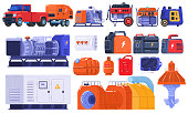 Generators set of energy generating portable electrical equipment, machines petrol fuel industrial engine isolated on white vector illustration.