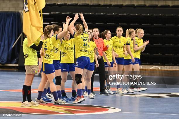Sint Truiden's players pictured before a game between KTSV Eupen and HB Sint-Truiden, the women's final of the Belgian handball cup, Saturday 01...