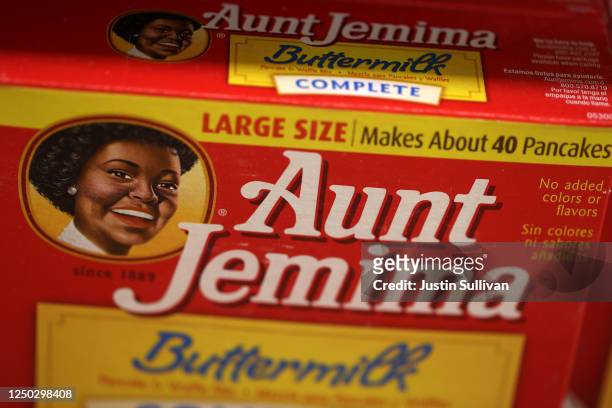 Boxes of Aunt Jemima pancake mix are displayed on a shelf at Scotty's Market on June 17, 2020 in San Rafael, California. Quaker Oats announced that...