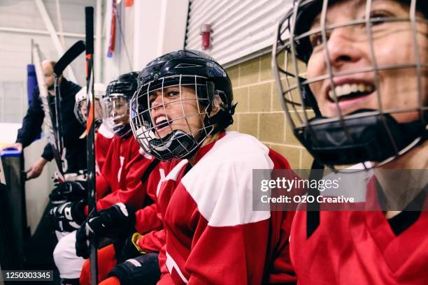 women ice hockey team on the bench - athletic supporter stock pictures, royalty-free photos & images