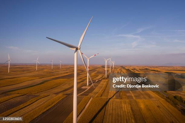 aerial view at windmill in vojvodina - wind farms stockfoto's en -beelden