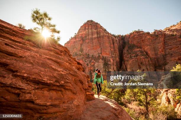 a mother and her son hiking in zion national park. - zion national park stock pictures, royalty-free photos & images