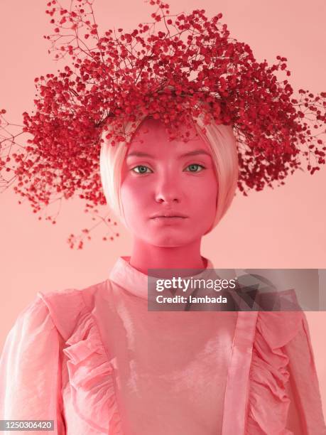 woman with pink skin, wreath and blouse - arts culture et spectacles photos stock pictures, royalty-free photos & images