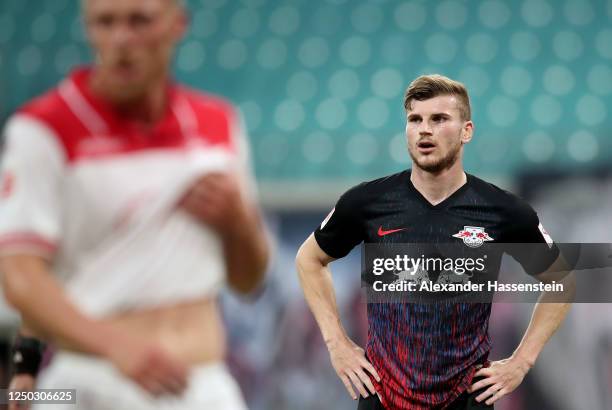 Timo Werner of RB Leipzig seen during the Bundesliga match between RB Leipzig and Fortuna Duesseldorf at Red Bull Arena on June 17, 2020 in Leipzig,...