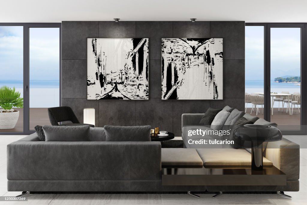 Luxury black interior living room with modern minimalist Italian style furniture