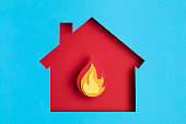 Papercut house with fire inside. Home insurance, security, safety, damage, accident prevention