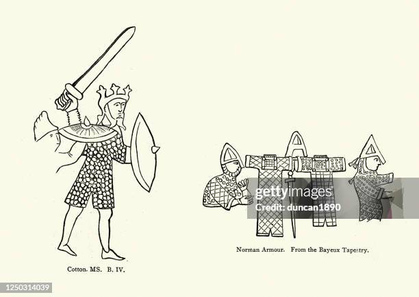 chain mail armour of the 11th century, anglo saxon king - tapestry stock illustrations