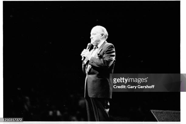 British-born American actor and comedian Bob Hope performs onstage at Madison Square Garden, New York, New York, October 1, 1989. The performance,...