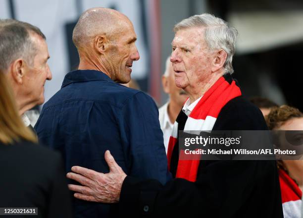 Tony Lockett and Brian Gleeson are seen during the 2023 AFL Round 03 match between the St Kilda Saints and the Essendon Bombers at the Melbourne...