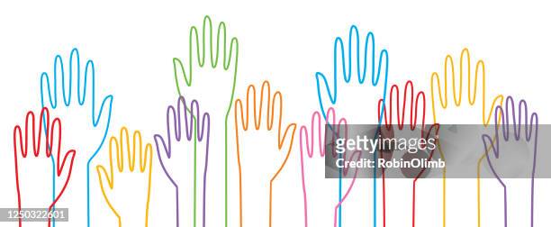 ilustraciones, imágenes clip art, dibujos animados e iconos de stock de manos levantadas lgbtq - derechos humanos