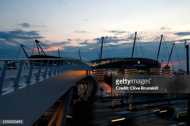 General view outside the stadium during the Premier League match between Manchester City and Arsenal FC at Etihad Stadium on June 17, 2020 in...