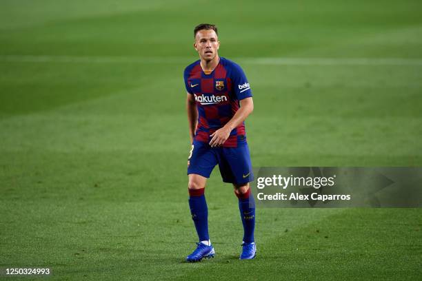 Arthur Melo of FC Barcelona looks on during the La Liga match between FC Barcelona and CD Leganes at Camp Nou on June 16, 2020 in Barcelona, Spain.