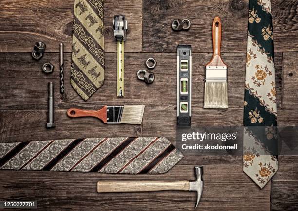 fathers day ties and home improvement supplies on retro wood background - fathers day tools stock pictures, royalty-free photos & images